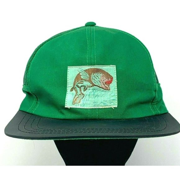 YA Other - Fish Vintage Flat Wide Brim Green Black Snapback Mesh Hat Cap 70's 80's Retro